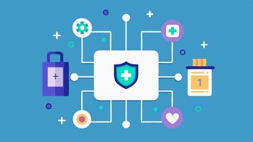 Secure Data Processing An illustration of a locked digital vault containing patient data with AI symbols conveying the importance of data security in AI diagnostics.. vector