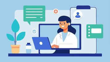 Virtual Consultation A patient interacting with a doctor via a laptop call discussing biomarkers with data charts visible on the screen.. vector