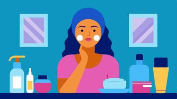Skincare Routine A bathroom scene featuring a woman applying moisturizer while wearing an infrared face mask surrounded by skincare products.. vector