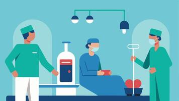 Surgical Setting An illustration of a surgical room where a patient is prepared for a stem cell transplant with nurses and doctors discussing the procedure in the background.. vector