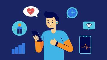 Tech Integration A person using a smartphone or wearable device that tracks health metrics like steps taken calories burned and sleep quality highlighting techs role in health. vector