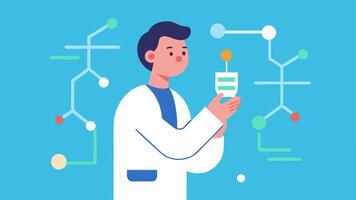 Saliva Samples A researcher holding a saliva sample tube depicting the process of collecting samples for DNA ylation analysis with DNA structures in the background.. vector