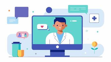 Telemedicine Consultation A doctor and a patient in a call on a computer screen with diagnostic tools and graphs illustrated around them.. vector