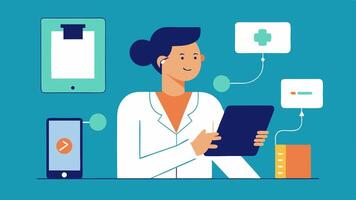 Telehealth Connection A healthcare worker using a tablet connected to the mobile lab demonstrating telehealth capabilities while consulting with a remote physician.. vector