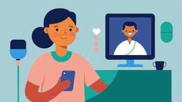 User Experience A happy individual using the ultrasound device at home receiving guidance from a call with a healthcare professional through their smartphone.. vector