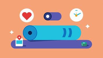 Yoga Mat with Activity Tracker A yoga mat laid out with a small fitness tracker p on it indicating readiness for a workout session along with icons for exercises.. vector