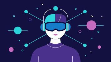 User with Headset A person wearing a sleek futuristic headset with glowing nodes. Lines represent signals flowing from their head toward a floating interface displaying icons.. vector