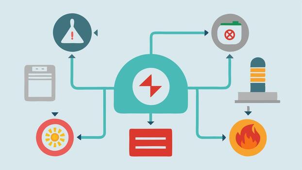 Safety Features Diagrammatic representation of the safety features of the chamber including an emergency stop button and ventilation systems with labels and arrows pointing to each. vector