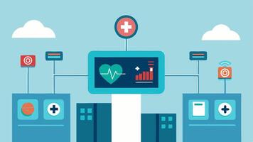 Wellness Monitoring Hub A central station in a healthcare facility filled with digital screens tracking patient wellness metrics demonstrating a focus on preventive care.. vector