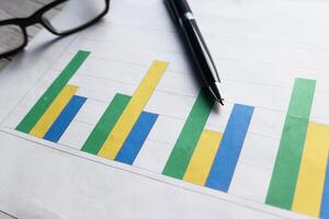 A Detailed Colorful Bar Graph Analysis featuring a Pen and Glasses for Enhanced Insights photo