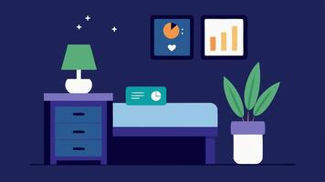 Sleep Tracking Device A bedside table with a sleep monitoring device and a smartphone showing a sleep quality report surrounded by calming elements like a plant and a lamp.. vector