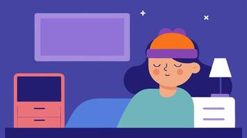 Sleep Tracker A cozy bedroom scene with a person sleeping peacefully wearing a headband that shows waveforms illustrating sleep patterns and durations on a small screen.. vector