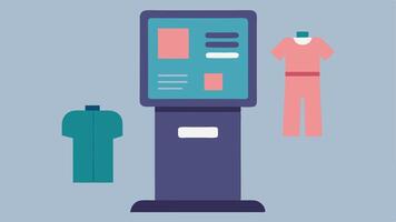 Interactive Kiosk An illustration of a digital kiosk where customers can browse clothing options featuring a userfriendly interface with accessibility options such as large text. vector