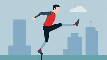 Parkour An individual with a prosthetic leg exees a parkour move leaping over an obstacle in an urban setting. Their athleticism and confidence are highlighted against a city. vector