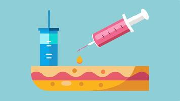 Stem Cell Infusion A graphic depicting a syringe injecting stem cells into damaged skin with visual effects representing healing and rejuvenation.. vector