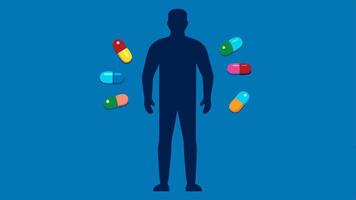 Supplements in Hand A silhouette of a biohacker standing confidently with a handful of colorful capsules and tablets representing various longevity supplements.. vector