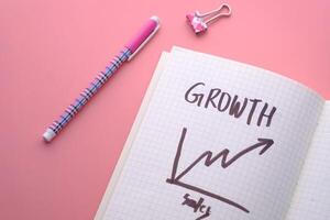 A Trendy Notebook Featuring a Growth Graph Alongside Stylish Stationery on a Soft Pink Background photo