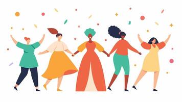 Celebration of Differences A festive runway finale with all models joining hands and celebrating their differences with colorful confetti falling around them.. vector
