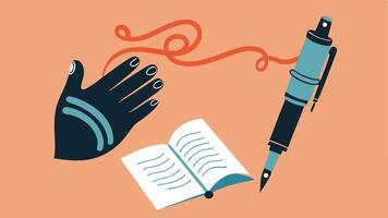 Book Writing A bionic hand holding a pen writing elegantly in a notebook with flowing cursive text and an ink blot nearby.. vector