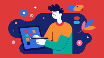 Artistic Expression An artist using adaptive technologies such as a specially designed tablet to create digital artwork. The illustration shows their colorful designs on the. vector