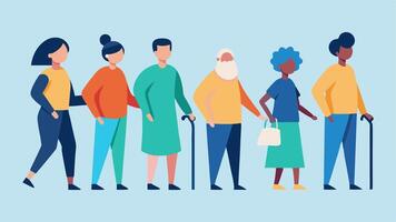 Diverse Abilities A group of diverse figures in terms of ability age and ethnicity interacting positively with one person using a walking cane and another in a wheelchair.. vector