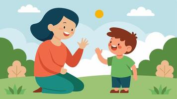 Caring Parent A parent with a hearing impairment playing with their child in a park using sign language to communicate joyfully surrounded by laughter and fun.. vector