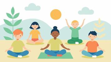 Adaptive Yoga A group of children practicing yoga in a peaceful setting with some using chairs and mats surrounded by greenery and soft sunlight.. vector