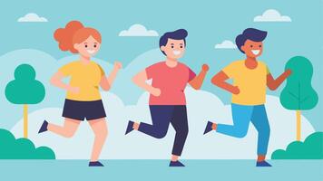 Exercise for Mental Wellbeing A cheerful group of friends jogging in the park showcasing how physical activity contributes to positive mental health.. vector