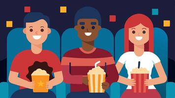 Family Enjoying a Movie A image of a diverse family happily seated in a theater. They are sharing popcorn and watching a familyfriendly film with bright smiles and relaxed. vector