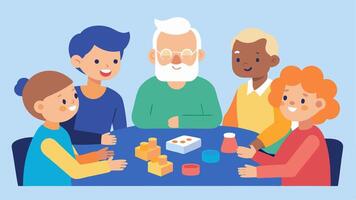 Board Games A group of seniors and young kids sitting at a table playing board games with expressive faces and game pieces in front of them creating a lively atmosphere.. vector
