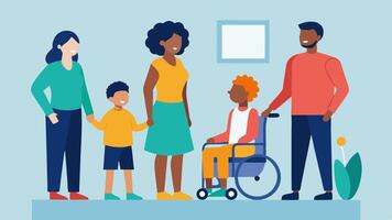 Family with Diverse Abilities A diverse family group including a child in a wheelchair all enjoying an exhibit together demonstrating inclusion.. vector