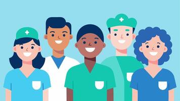 Diverse Healthcare Team A group of healthcare professionals of different ethnicities and genders wearing scrubs and smiling working together in a bright clinic.. vector