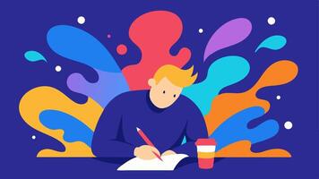 Emotional Expression A writer expressing deep emotions while penning a story with vibrant colors and abstract shapes flowing from their mind symbolizing creativity and passion.. vector