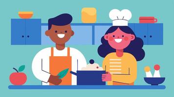 Cooking Together A cozy kitchen setting where a character with a hearing impairment is cooking with another friend. The kitchen is filled with colorful ingredients and they are. vector