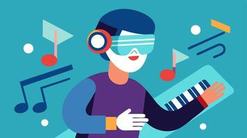Augmented Reality Music A musician wearing augmented reality glasses that visualize musical notes in the air as they play an adaptive instrument.. vector