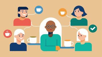 Community Engagement A group virtual coffee meeting where diverse individuals with various disabilities share stories and support with thought bubbles highlighting collaboration. vector