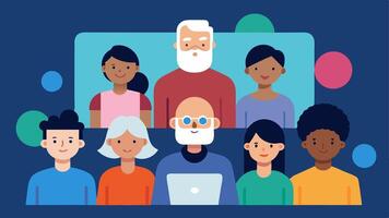 Diverse Audience Engagement An illustration depicting an audience that includes people of different ages abilities and backgrounds all interacting with a multimedia presentation.. vector