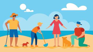 Family Fun at the Beach A family with a member using crutches and a child with a guide dog enjoying a sunny day on the beach playing with beach toys and building sandcastles.. vector