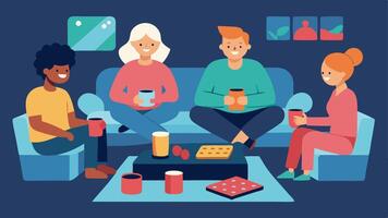 Game Night A cozy living room where friends are gathered for game night. One character with a visual impairment is feeling game pieces while others are engaged in conversation and. vector