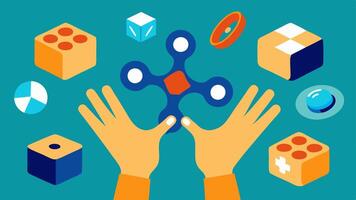 Fidgeting Hands A closeup of hands playing with various fidget items like spinners cubes and bands to show active sensory engagement.. vector