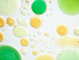 Close-up of oil and water bubbles in various sizes floating on a pale background, abstract texture. photo