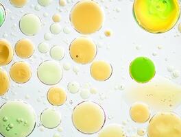 Close-up of oil and water bubbles in various sizes floating on a pale background, abstract texture. photo
