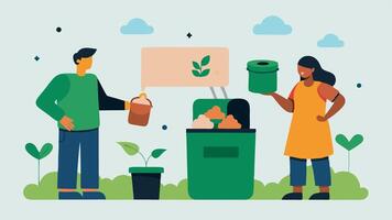 Garden Compost Station An easyaccess compost bin illustrated with community members adding scraps promoting sustainable practices within the garden with clear informative signage.. vector