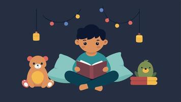 Calm Reading Corner An inviting reading nook with soft cushions dim lighting and decorative fairy lights where a neurodivergent child reads a book surrounded by plush toys.. vector