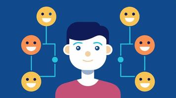 Facial Recognition for Emotion Detection A user interacting with an AI that analyzes feeds to provide feedback on others emotions illustrated with expressive icons emerging. vector