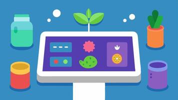 Childrens Discovery Station An interactive station with sensory elements like touch panels smell jars with nature scents and sound buttons encouraging exploration for children.. vector