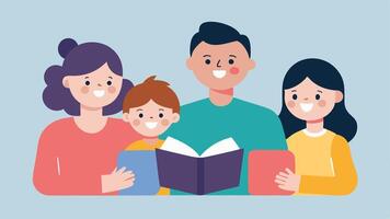 Family Support A heartwarming scene of a family sitting together reading a storybook with a focus on how they engage and connect through storytelling.. vector