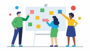 Collaborative Whiteboard A whiteboard filled with colorful notes and ideas with multiple individuals contributing. One person is using a grabber tool to reach higher areas. vector