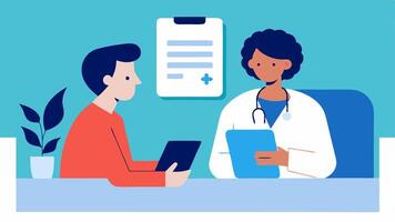 Doctors Office A healthcare professional dictating notes into a tablet while sitting with a patient. The screen shows a transcription of their conversation.. vector