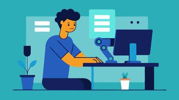 Design Process An illustration of a designer at a computer working on a digital model of a prosthetic limb with a 3D printer in the background.. vector